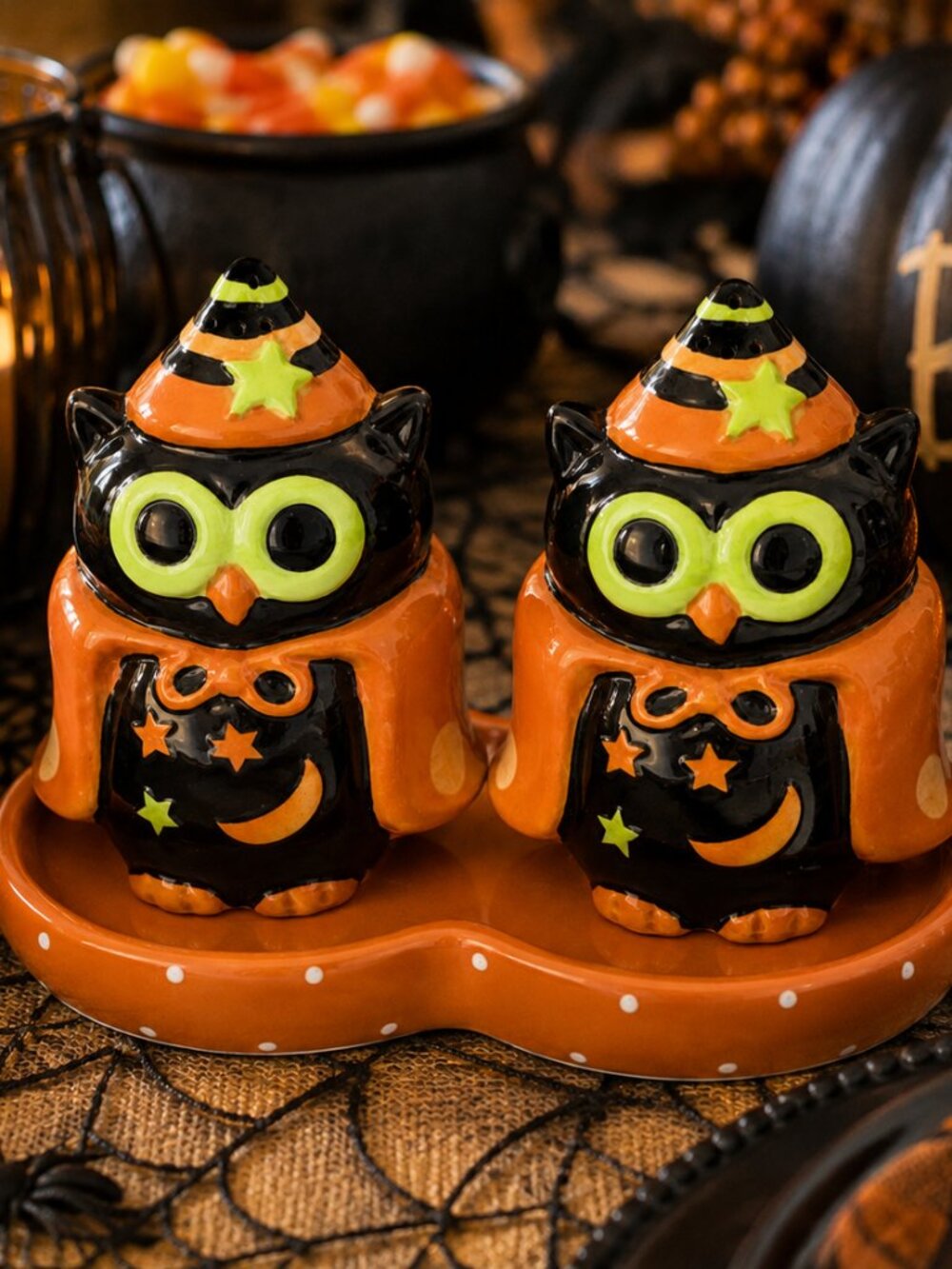 Halloween Owl Witch Salt & Pepper Shakers with Matching Tray Ceramic 3 Piece Set